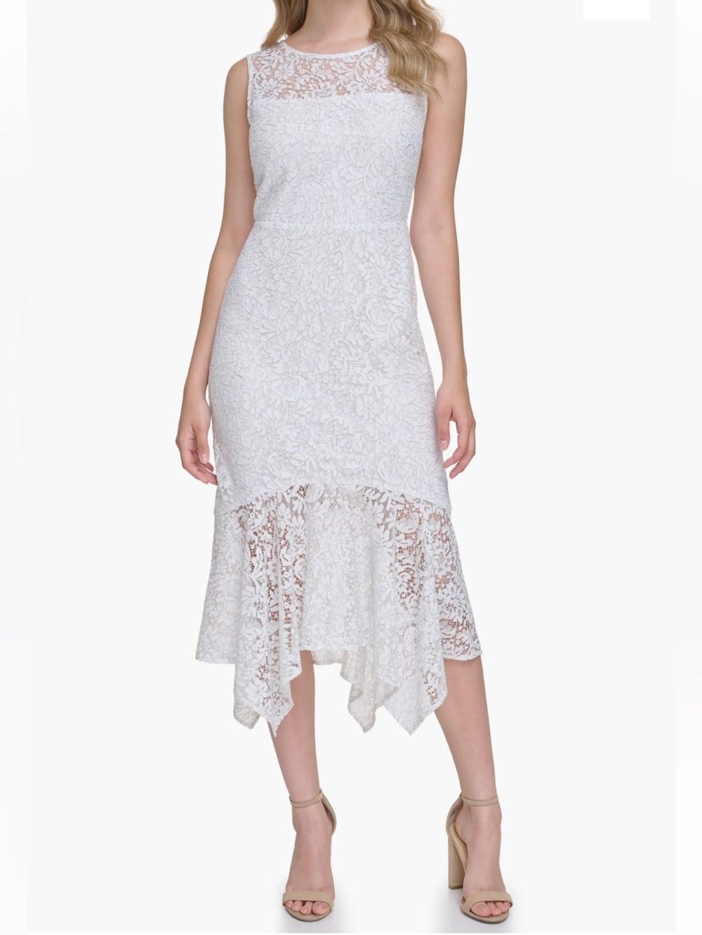Kensie Women's White Floral Lace Asymmetric Hem Dress 12 Midi Party Wedding NWT